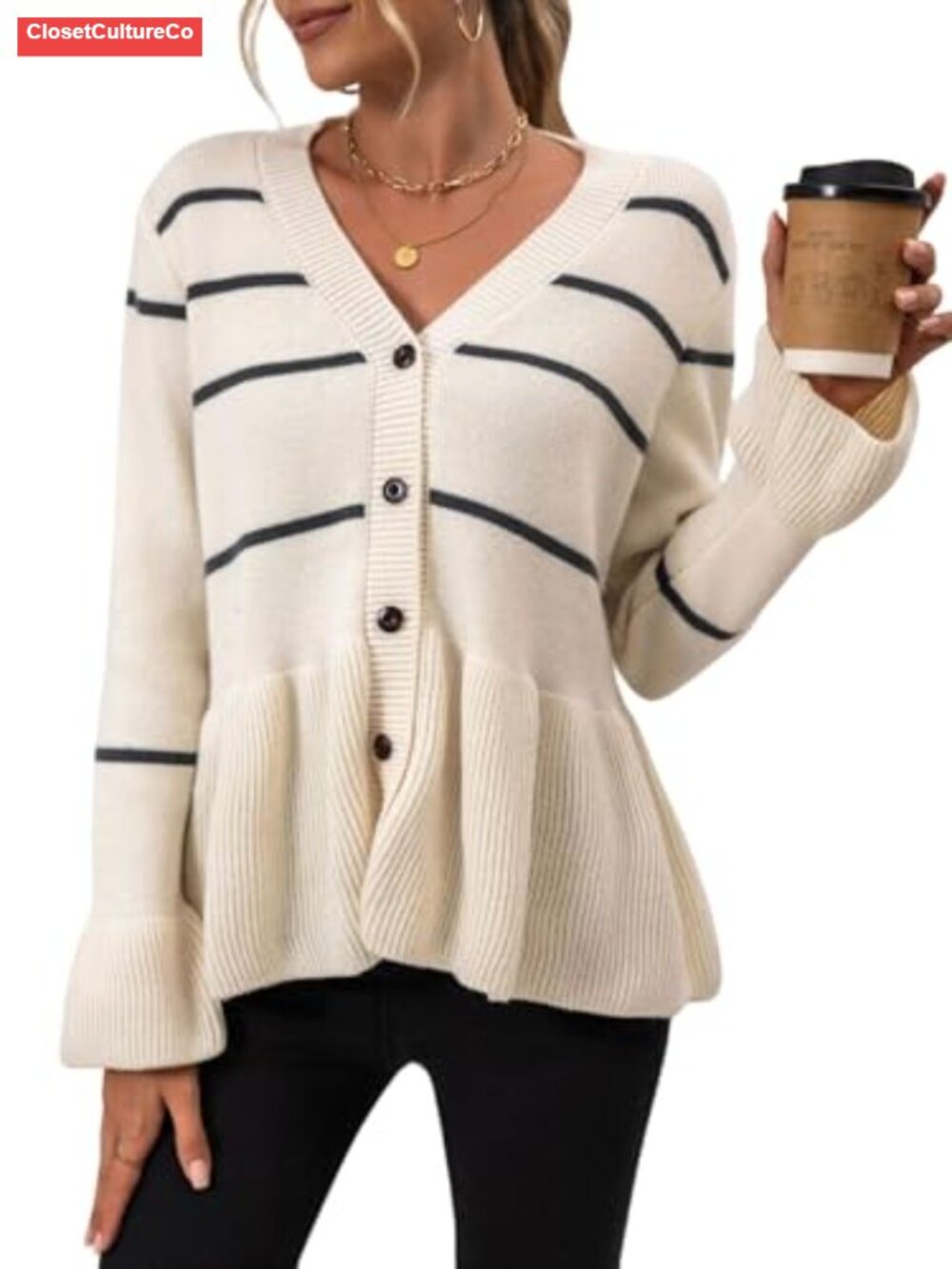 Women's Striped Peplum Cardigan V Neck Button Down Knit Sweater Flared Hem
